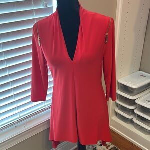 Women's Red V-Neck Top with Zipper Detail